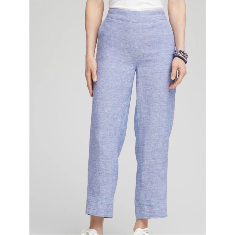Chico’s 100% Linen Crop Pants Blue Pull On Embroidered Hem Relaxed Women’s 8